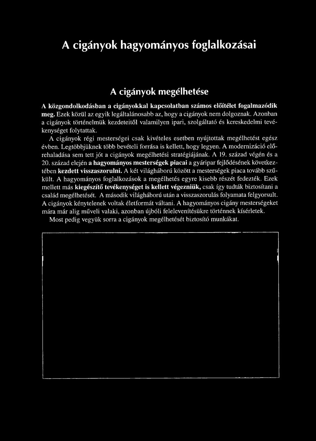 A cigányok régi mesterségei csak kivételes esetben nyújtottak megélhetést egész évben. Legtöbbjüknek több bevételi forrása is kellett, hogy legyen.