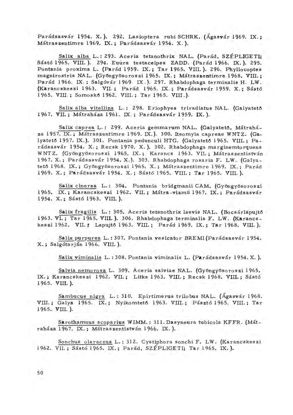 Parádsasvár 1954. X.). 292. Lasioptera rubi SCHRK. (Ágasvár 1969. IX.; Mátraszentimre 1969. IX.; Parádsasvár 1954. X.). Salix alba L. : 293. Aceria tetanothrix NAL. (Párád, SZÉPLIGETI; Sástó 1965.