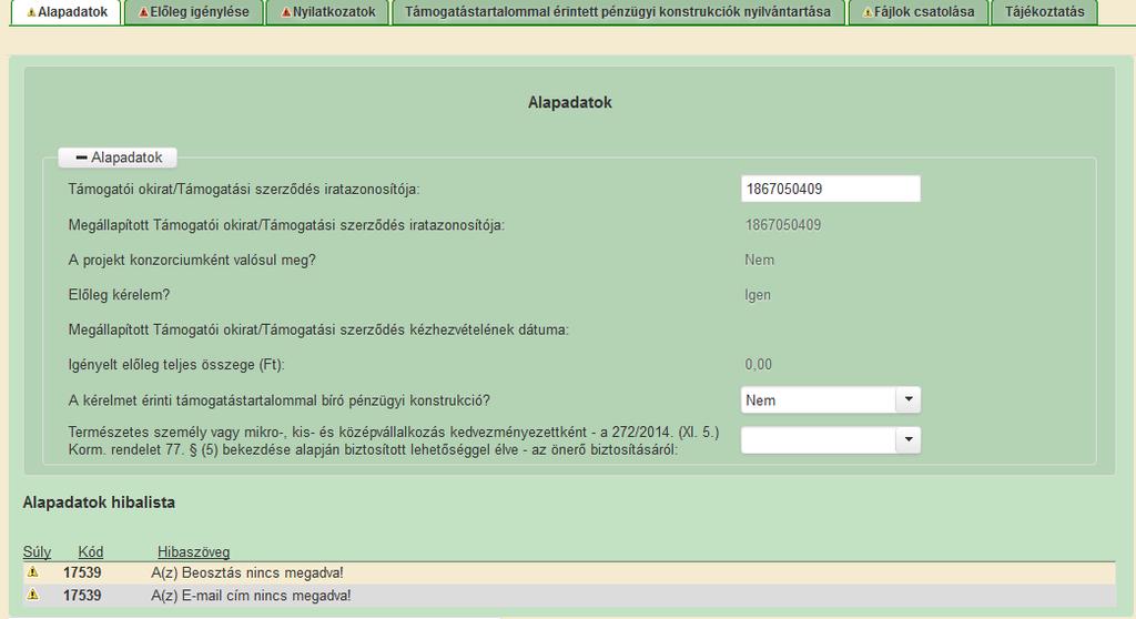 Az egyes specifikus adatokat tartalmazó Fülek és azok adattartalma 4. Hibalista 3.