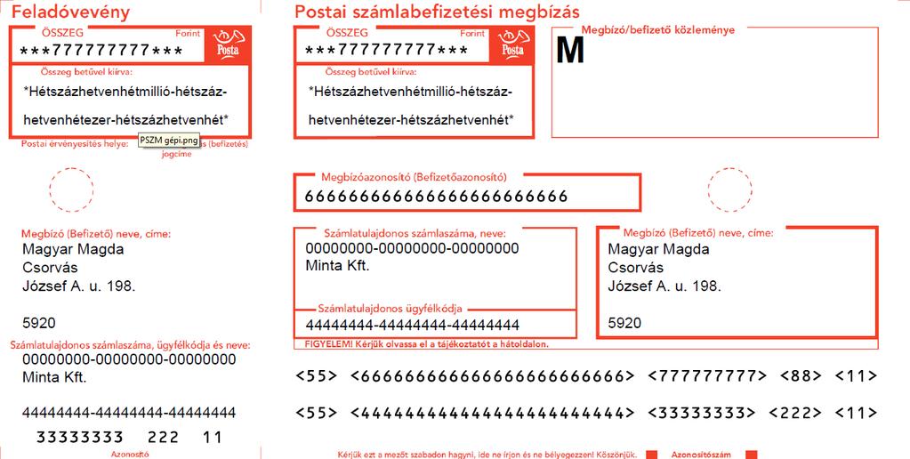 2. számú minta Gépi kitöltésű Postai