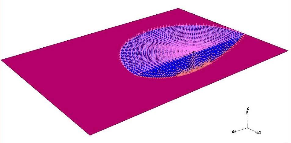 szimmetriát feltételeztem. A gömbszelet sík lapjának csomópontjait mindhárom irányban megfogtam (83. ábra). Megfogás Szimmetria 83. ábra. A 3D VE modell, a peremfeltételekkel.