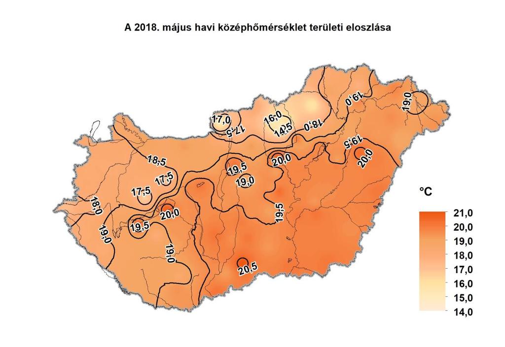 Léghőmérséklet A május havi középhőmérséklet 14,0 C (Kékestető) és 20,9 C (Jánoshalma) között alakult, az országos területi átlagérték 18,9 C volt, ami a sokévi (1971-2000) májusi átlagot 3,4 C-kal (!