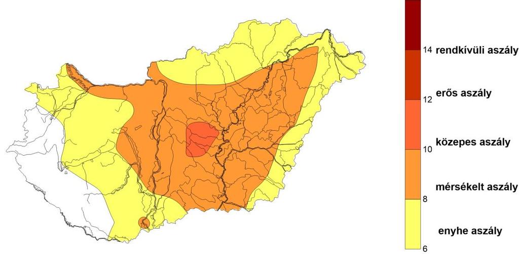 Aszály-előrejelzés Az átlagosnál szárazabb és melegebb további időjárás esetén az aszály mérsékelt és közepes fokozata az ország nagy részén főleg az Alföldön kialakulhat, az aszályindex 8-12 közötti