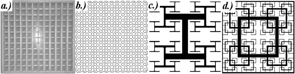 5. ábra Hagyományos és önhasonló mintázatú passzív rácsok. a.) kétsíkú, négyzetes rudakból álló rács (Podráczki, 2015); b.) kör alakú perforációval ellátott lemezlap (Ahmadi-B. et al.