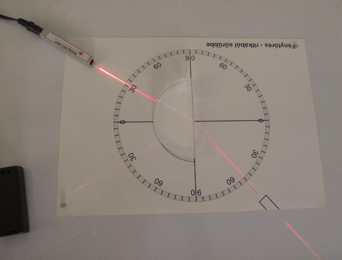 15. A fény kettős természete Kísérlet: A fénytörés és a teljes visszaverődés jelenségének bemutatása Feladat: A rendelkezésekre álló eszközök segítségével mutassa be a fénytörés jelenségét!