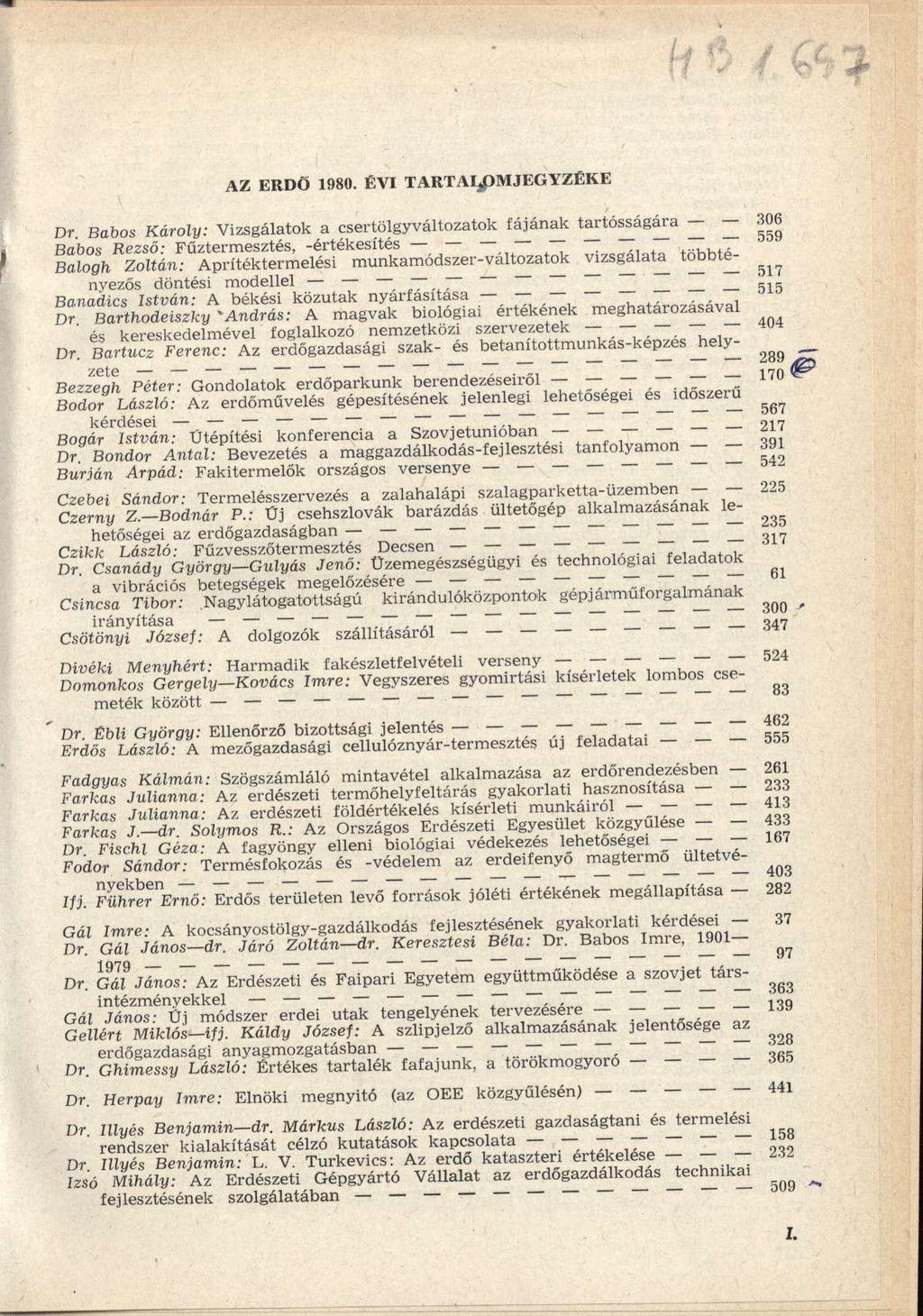 AZ ERDŐ 1980. ÉVI TARTALOMJEGYZÉKE Dr.
