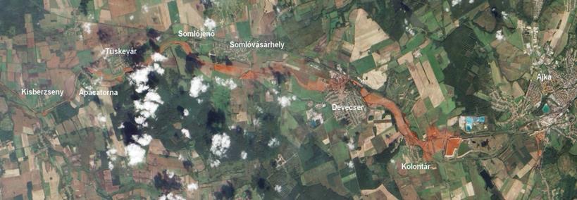 13. ábra: Vörösiszappal elöntött területe (on-line: http://earthobservatory.nasa.gov/iotd/view.php?id=46360) 13. táblázat: Az ajkai vörösiszap fő alkotói ((Vágföldi Z., 2011; Szépvölgyi J.