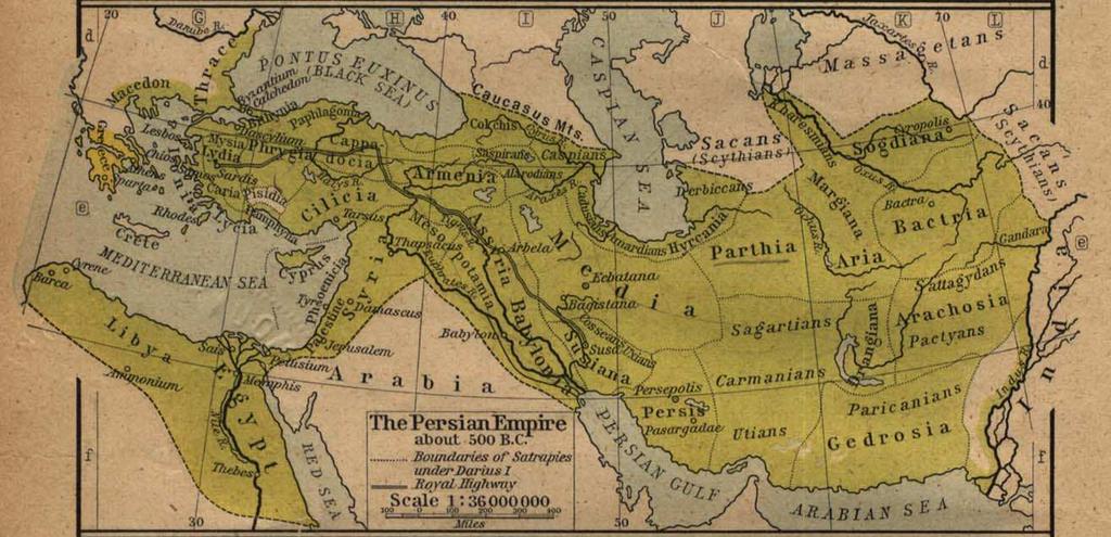 A perzsák túlerejét jól mutatja a két szemben álló fél területi különbsége: a perzsa területek zölddel, a perzsa ellenes görög területek pedig sárgával jelölve.