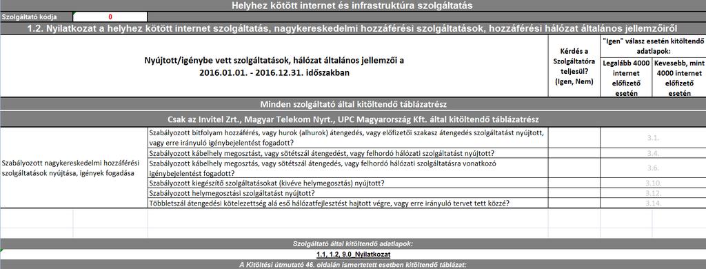 A táblázat második része: A táblázatban a Szolgáltatónak (vagyis a kérdőívet kitöltő vállalkozásnak) a Nyújtott/igénybe vett szolgáltatások, hálózat általános jellemzői a 2016.01.01. - 2016.12.31.