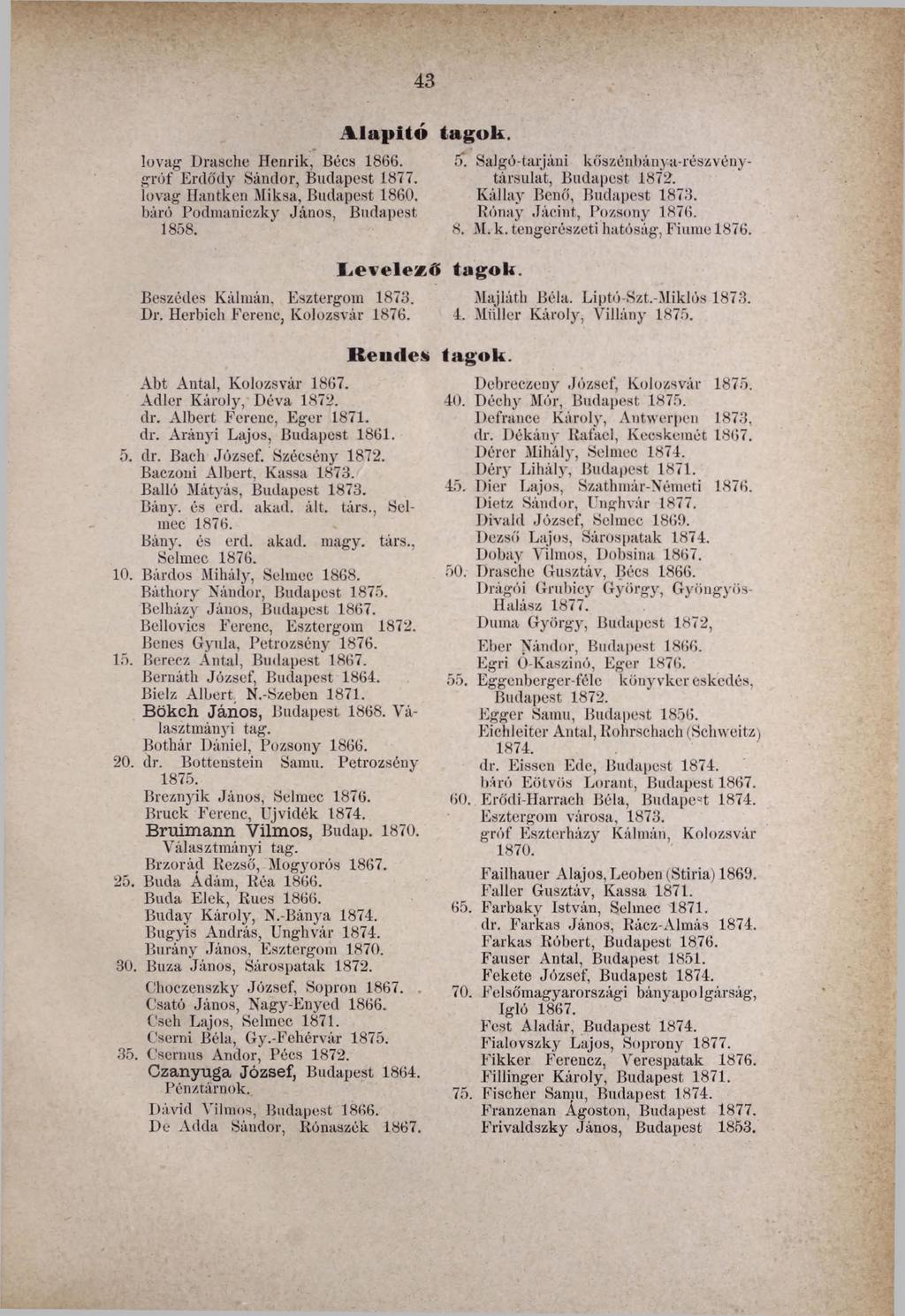 lovag Dräsche Henrik, Becs 1866. gróf Erdődy Sándor, Budapest 1877. lovag Hantken Miksa, Budapest 1860. báró Podmaniczky János, Budapest 1858. Beszédes Kálmán, Esztergom 1873. Dr. Herbich Ferenc, Kolozsvár 1876.