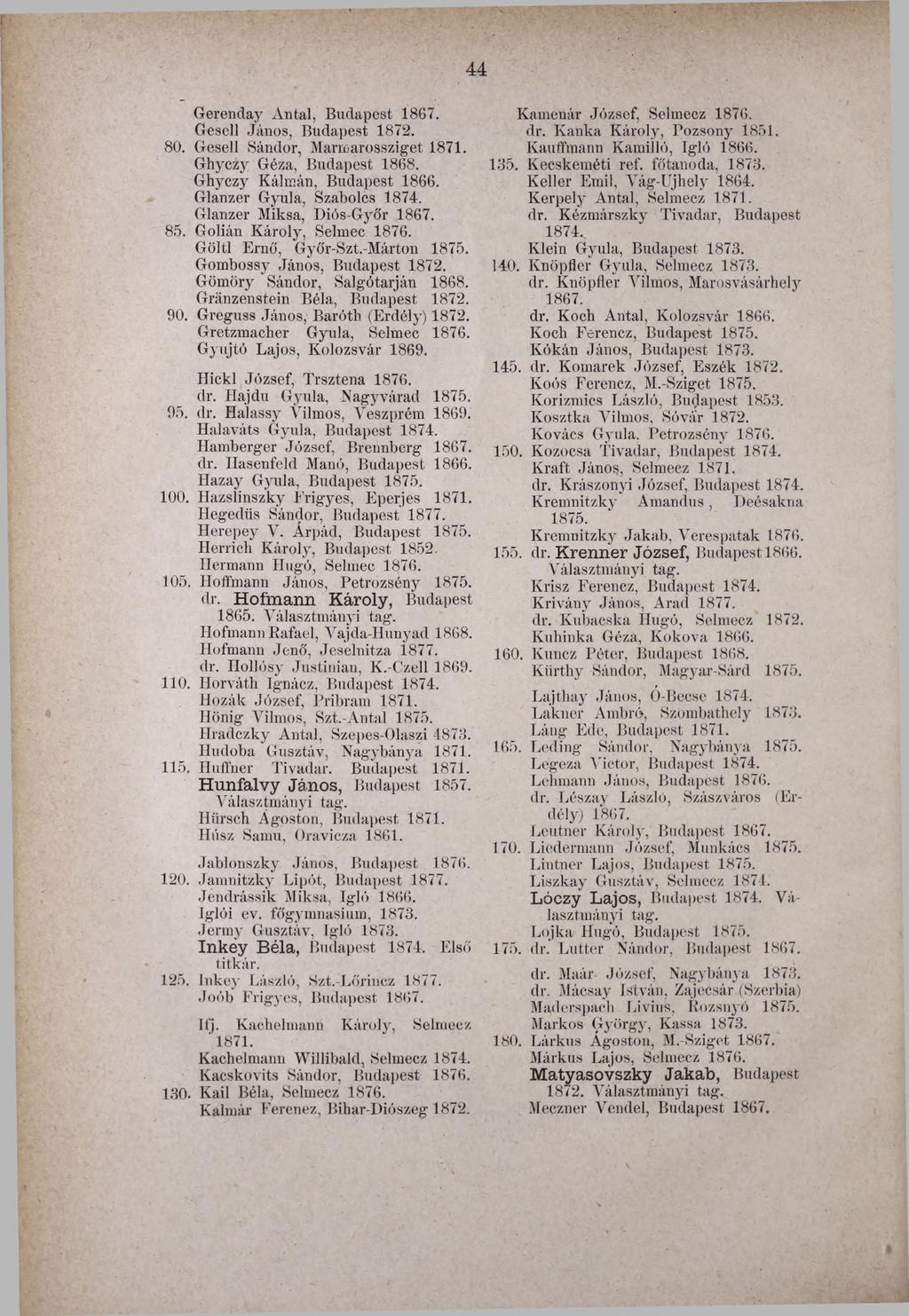44 Gerenday Antal, Budapest Gesell János, Budapest 1872. 80. Gesell Sándor, Marmarossziget 1871. Ghyczy Géza, Budapest 1868. Ghyczy Kálmán, Budapest 1866.