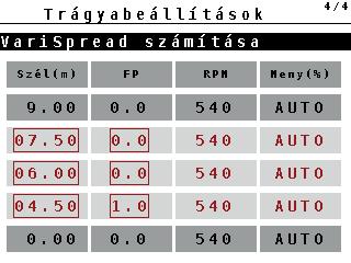A QUANTRON-A kezelése 4 4.5 Trágyabeállítások Ebben a menüben a műtrágya és szórási munkabeállítások érhetők el.