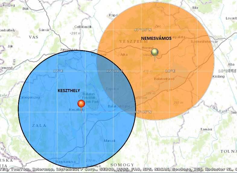3. ábra Keszthely és Nemesvámos 40 km-es körzetének elhelyezkedése Forrás: az ArcGIS alkalmazásával készített térkép Mindkét körzet alapvetően rurális.