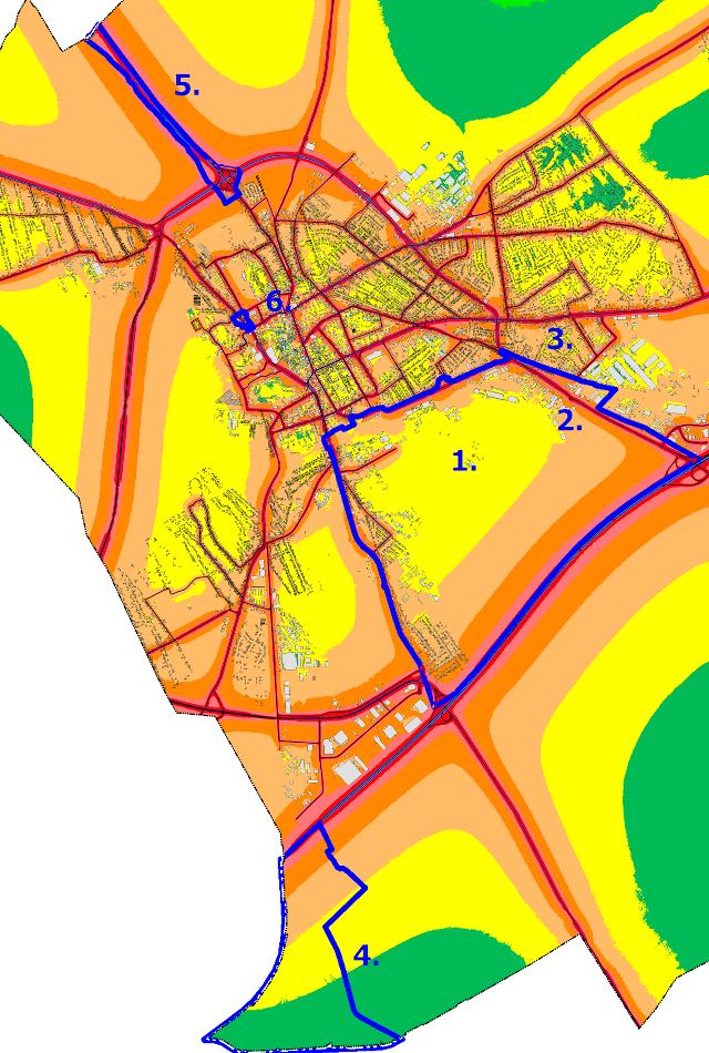 tervezési terület tervezési terület Közúti egész napi zajterhelés - L den (Székesfehérvár MJV Stratégiai zajtérképe 2012.