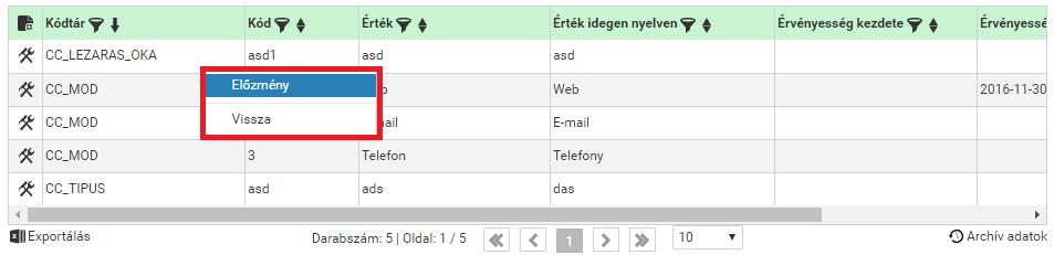 A táblázathoz tartozik még egy exportálás gomb, egy navigációs sáv, illetve a táblázat