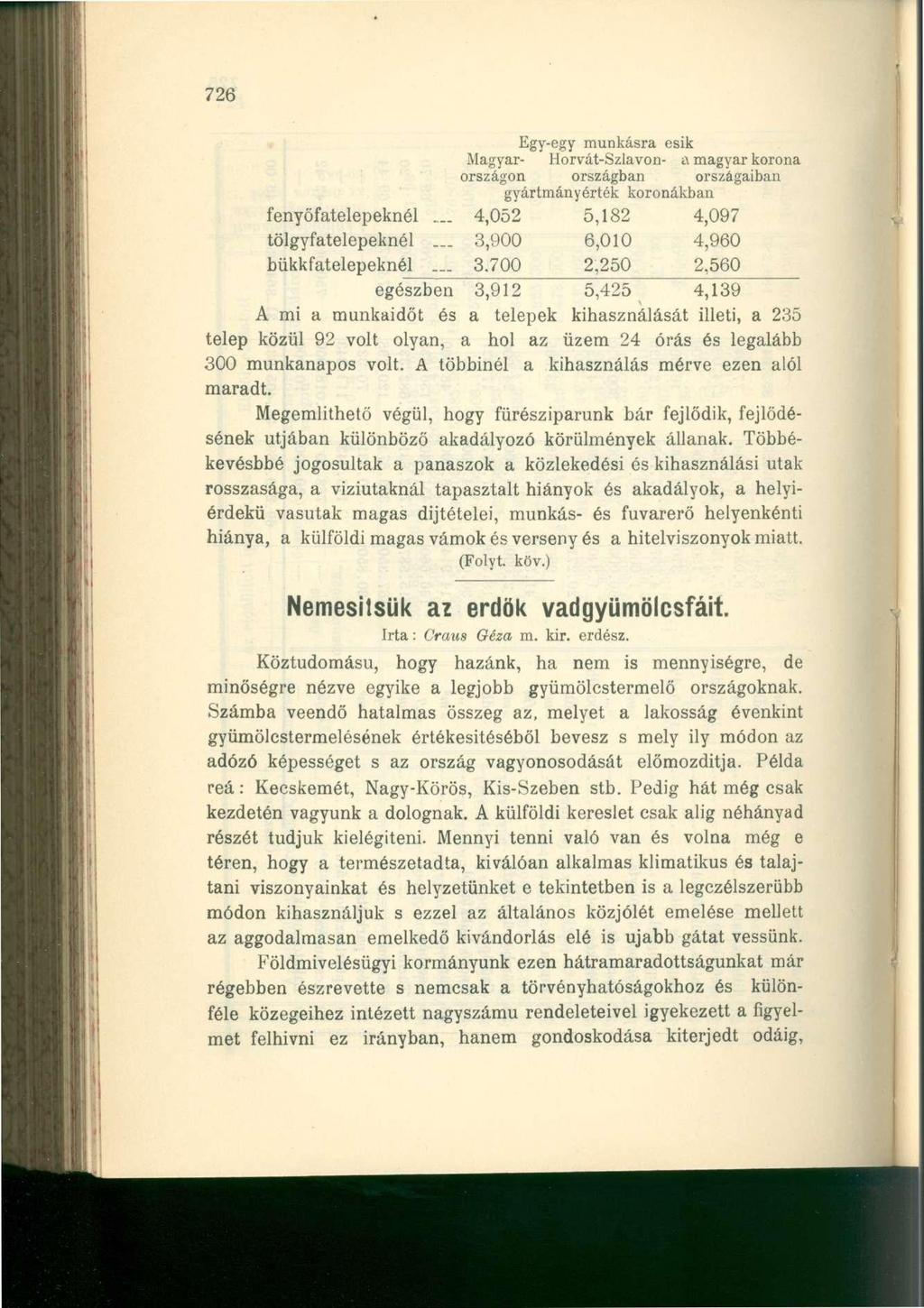 726 Egy-egy munkásra esik Magyar- Horvát-Szlavón- a magyar korona országon országban országaiban gyártmányérték koronákban fenyöfatelepeknél... 4,052 5,182 4,097 tölgyfatelepeknél.