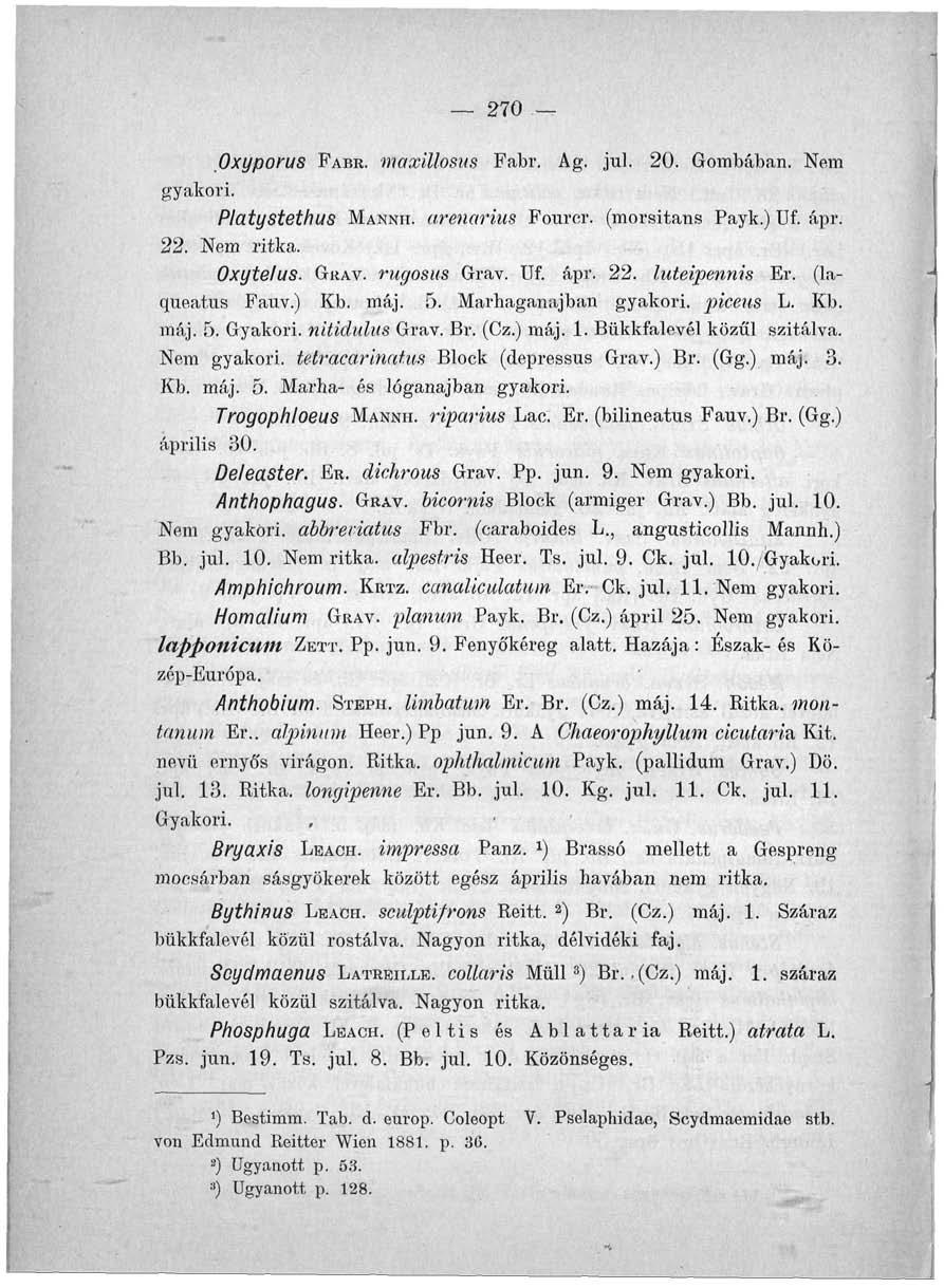 270 Oxyporus PABR. maxillosus Fabr. Ag. jul. 20. Gombában. Nem gyakori. Platystethus MANNH. arenarius Fourcr. (morsitans Payk.) Uf. ápr. 22. Nem ritka. Oxytelus. GRAV. rugosus Grav. Uf. ápr. 22. luteipennis Er.