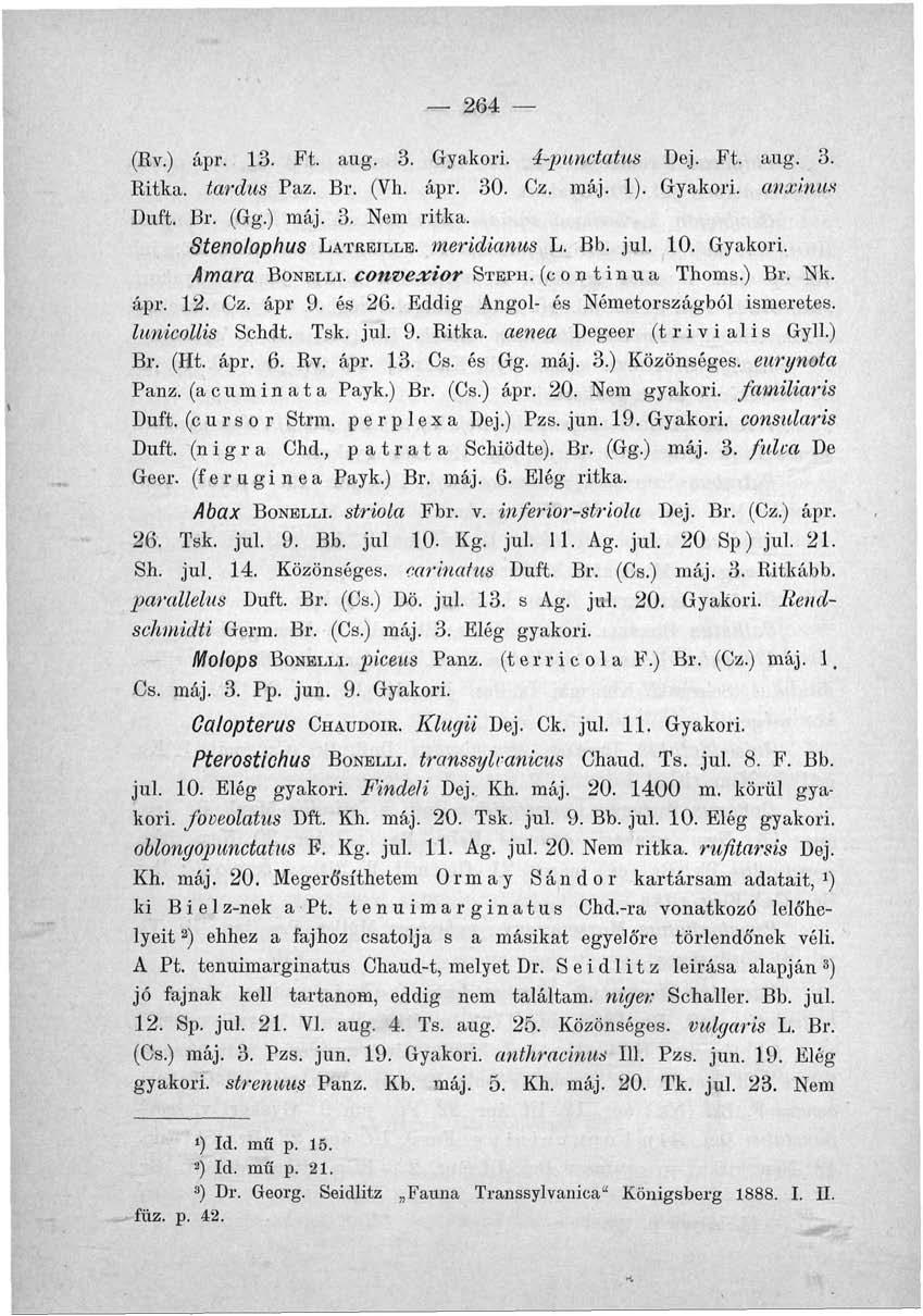 264 (Rv.) ápr. 13. Ft. aug. 3. Gyakori, 4-punctatus Dej. Ft. aug. 3. Ritka, tardus Paz. Br. (Vh. ápr. 30. Cz. máj. 1). Gyakori, atixhms Duft. Br. (Gg.) máj. 3. Nem ritka. Stenolophus LATREILLE.