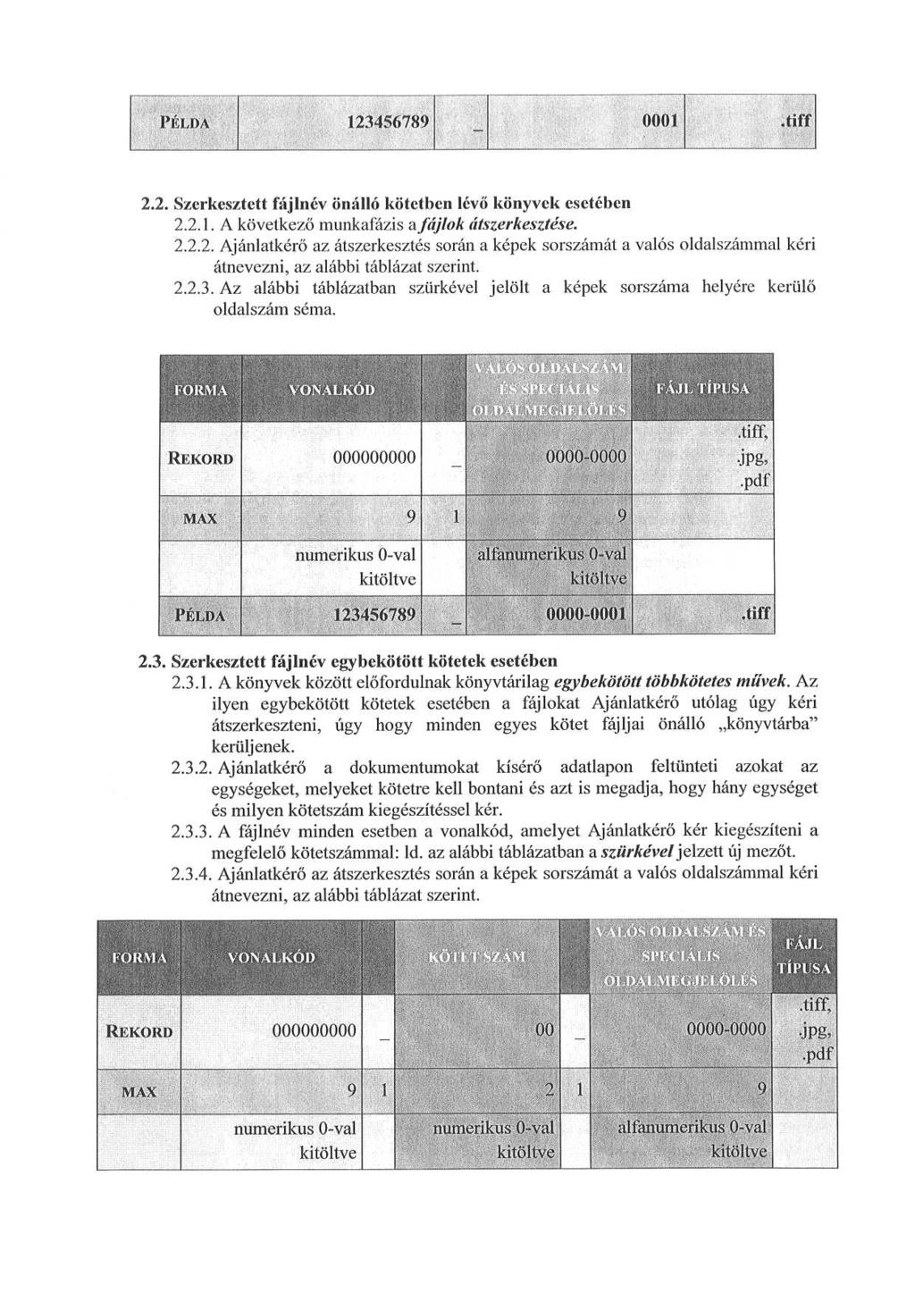 1.1,j) ;~ 123456789 000 1..tifá` 2.2. Szerkesztett fájlnév önálló kötetben lévő könyvek esetében 2.2.1. A következő munkafázis a fájlok átszerkesztése. 2.2.2. Ajánlatkérő az átszerkesztés során a képek sorszámát a valós oldalszámmal kéri átnevezni, az alábbi táblázat szerint.