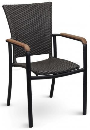 DL SOPHIE DARK Alumínium vázas, sötét polirattan fonatos szék, teakfa karfával. Kültéri használatra alkalmas szék. Raktárprogram része.