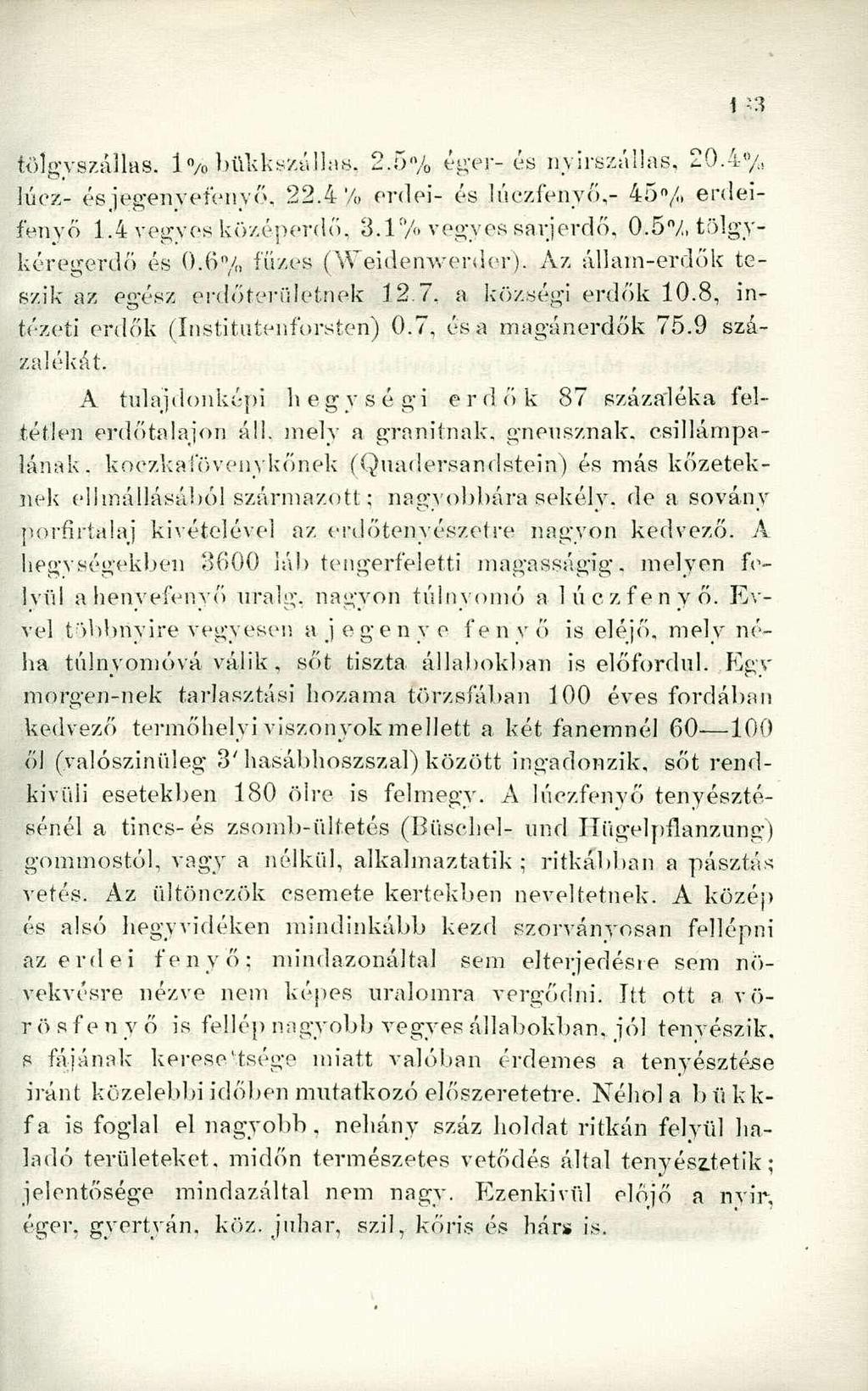 tölgyszállus. 1 <% bükkszállas. 2.5-% éger-és nyirszáilas, 20.4% lúcz- és legényeién vő, 22,4% erdei- és lúczfenvő,- 45"/, erdeifenvő 1.4 vegyes középerdő. 8.1% vegyes sarjerdő. 0.