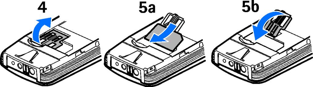 3. Az ujjunk végével emeljük fel a SIM-kártya tartóját. Nyissuk fel a tartót (4). Óvatosan toljuk a SIM-kártyát a nyílásba (5).