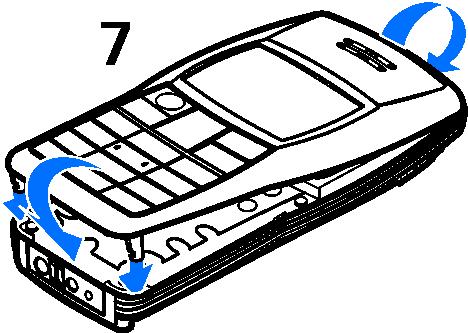 4. Illesszük az elõlap felsõ részét a telefon felsõ részéhez, majd nyomjuk meg az elõlapot, amíg az a helyére nem pattan (7). 5. Helyezzük vissza az akkumulátort és a telefon hátlapját. Lásd a 4 5.