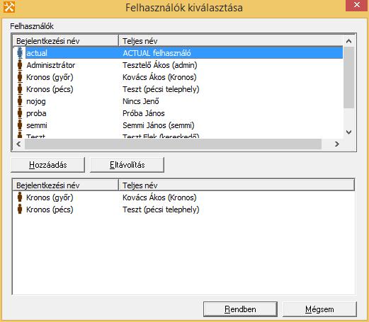 Az ablak felső részén lévő táblázat a rendszerben rögzített összes felhasználót tartalmazza, míg az alsó táblázat azokat a felhasználókat, akik az adott csoporthoz tartoznak.