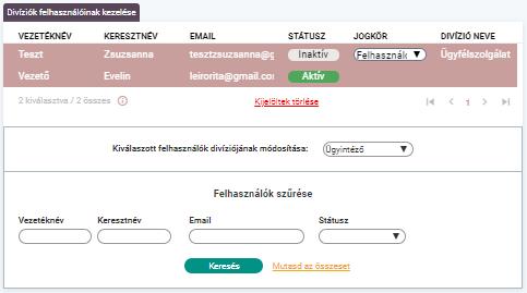kattintva, az adott szűrési feltételeknek megfelelő felhasználó vagy felhasználók jelennek meg. Minden felhasználó megjelenítésére, a Mutasd az összeset gomb megnyomásával van lehetőség.