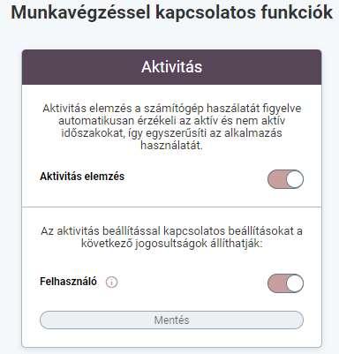 2.3 Munkavégzés Szemfüles program Egy személyes (1 felhasználós) cég kézikönyv 77. ábra 2.3.1 Aktivitás Aktivitás elemzés a számítógép használatát figyelve automatikusan érzékeli az aktív és nem aktív időszakokat, így egyszerűsíti az alkalmazás használatát.