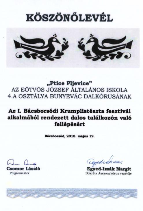 d osztályból Bakai Angelika és a felsős Gergely Fanni a 6. a-ból. Több fellépésen szerepeltünk bunyevác és baranyai horvát népdalokkal.