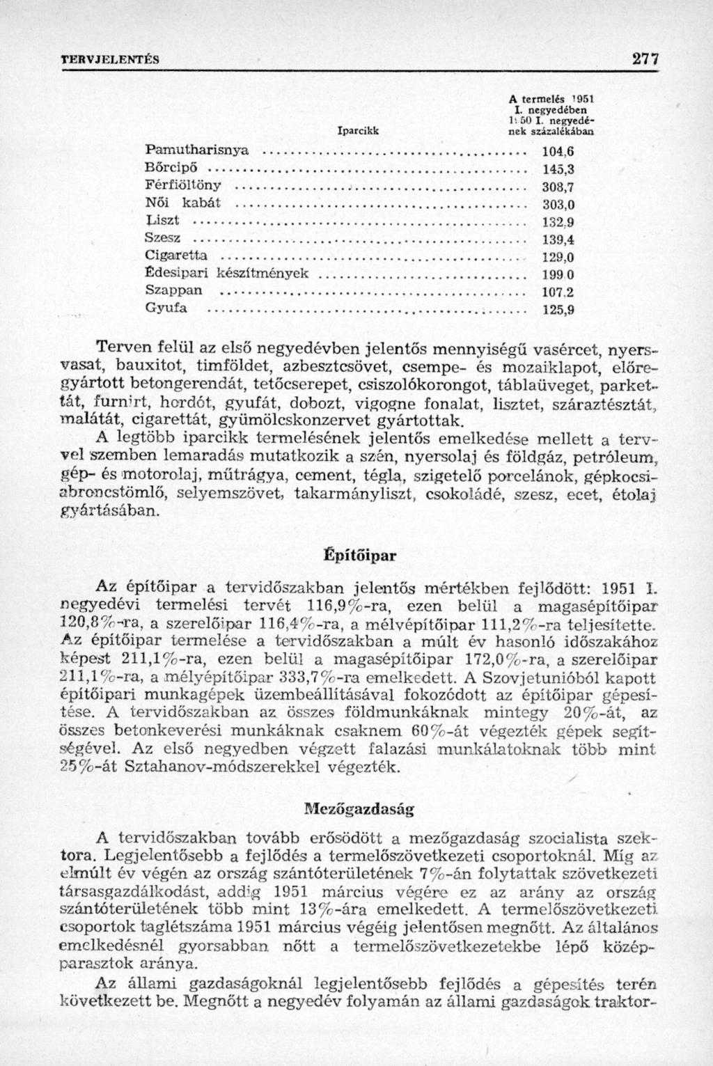 TERVJELENTÉS 277 Pamutharisnya Bőrcipő Férfiöltöny Női Liszt Szesz kabát Cigaretta Édesipari készítmények Szappan Gyufa Iparcikk A termelés 1951 I. negyedében 1! 50 I. negyedének százalékában 104.