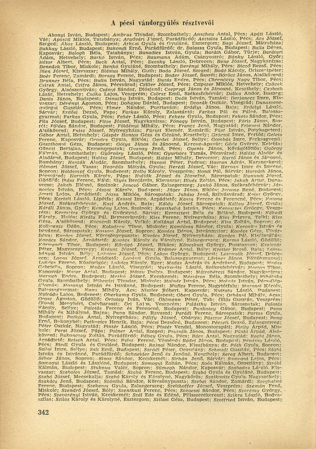 A pécsi vándorgyűlés résztvevői Abonyi Isván, Budapest; Ambrus Tivadar, Szombathely; Anschau Antal, Pécs; Apáti László, Vác; Aposztl Miklós, Tatabánya; Aradvári Jízsef, Parádfürdő; Asztalos László,