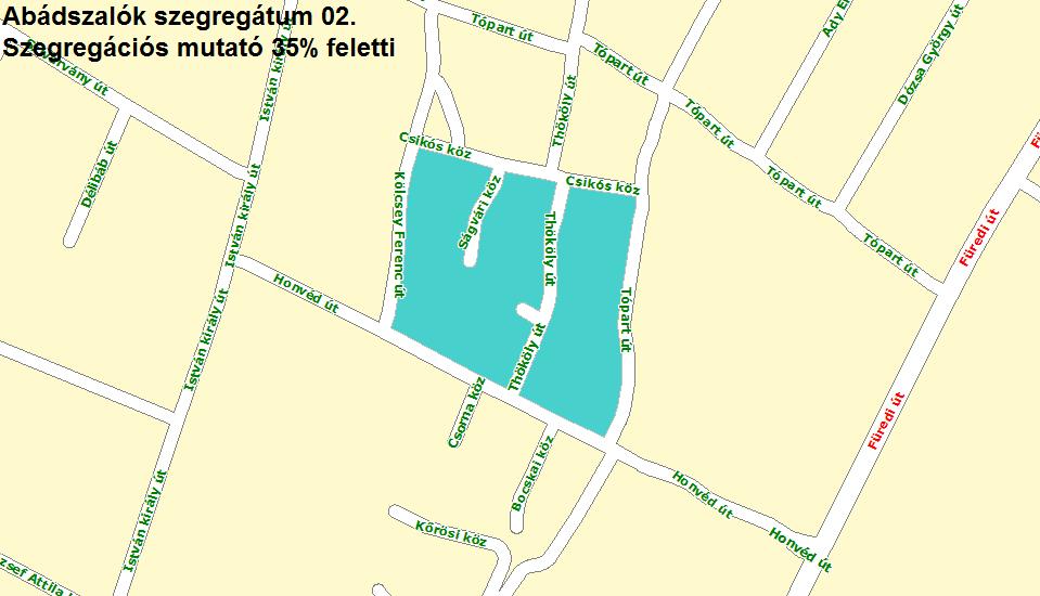 STRATÉGIA Előterjesztési változat 37 Forrás: KSH, 2011. évi Népszámlálás Az 1. sz. szegregátum Tóparti út- Honvéd út- Kölcsey Ferenc út- Csikós köz által határolt tömböt jelenti. A 2.