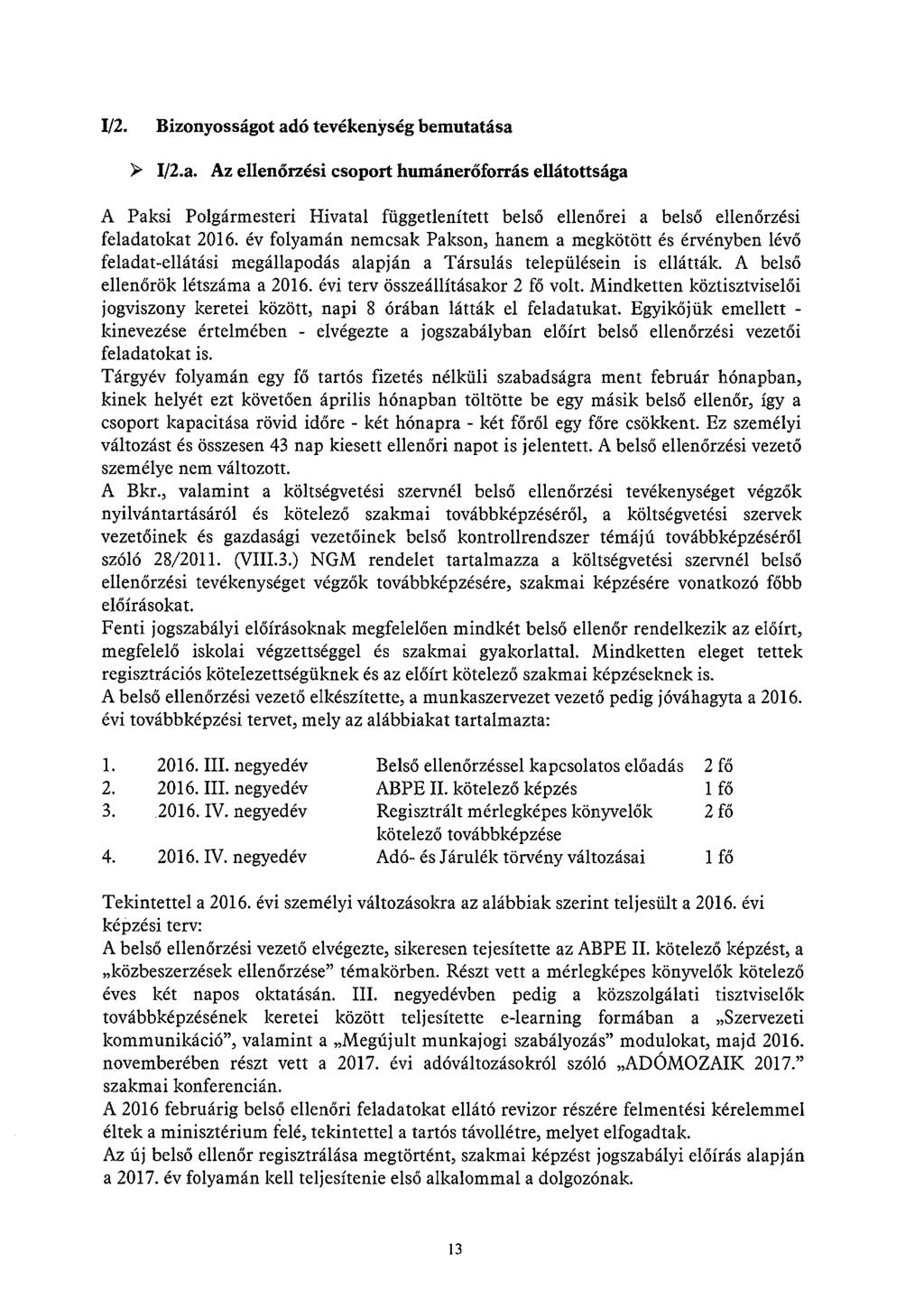112. Bizonyosságot adó tevékenység bemutatása ) I/2.a. Az ellenőrzési csoport humánerőforrás ellátottsága A Paksi Polgármesteri Hivatal függetlenített belső ellenőrei a belső ellenőrzési feladatokat 2016.