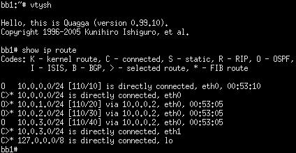 Legrövidebb utak routing táblák értelmezzük minden routeren vtysh show ip route