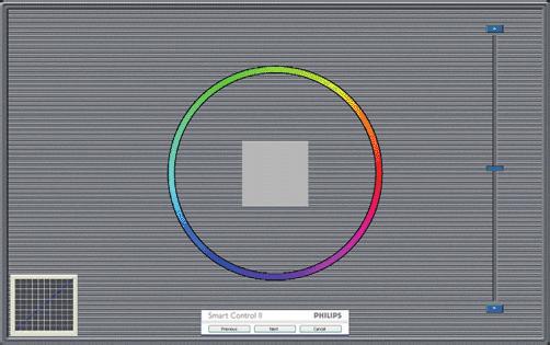 3. Képoptimalizálás Első színkalibrációs képernyő: A Previous (Előző) gomb le van tiltva, amíg a második szín képernyőre nem lépett.