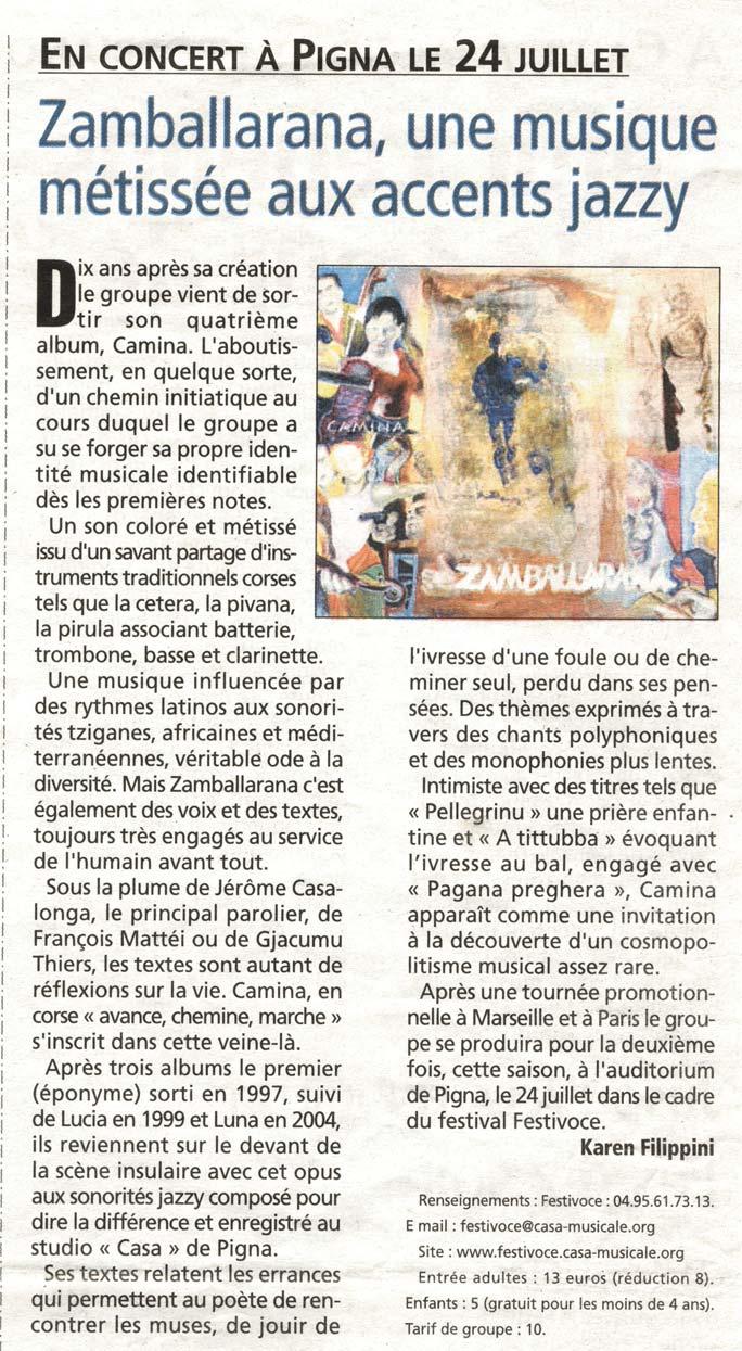Corse Matin ZAMBALLARANA 13 juillet 2007 ZAMBALLARANA -