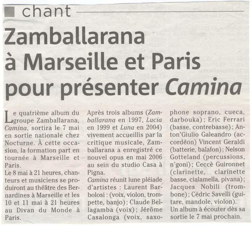 Corse Matin ZAMBALLARANA Mai 2007 ZAMBALLARANA - Piazza