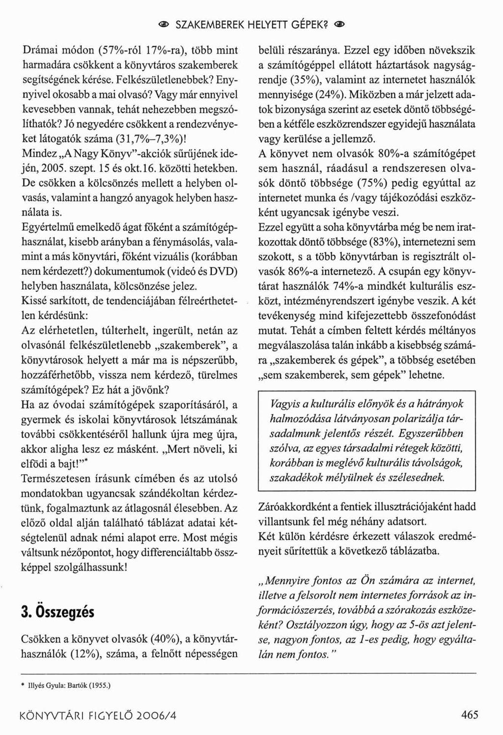 o> SZAKEMBEREK HELYETT GÉPEK? <s> Drámai módon (57%-ról 17%-ra), több mint harmadára csökkent a könyvtáros szakemberek segítségének kérése. Felkészületlenebbek? Enynyivel okosabb a mai olvasó?