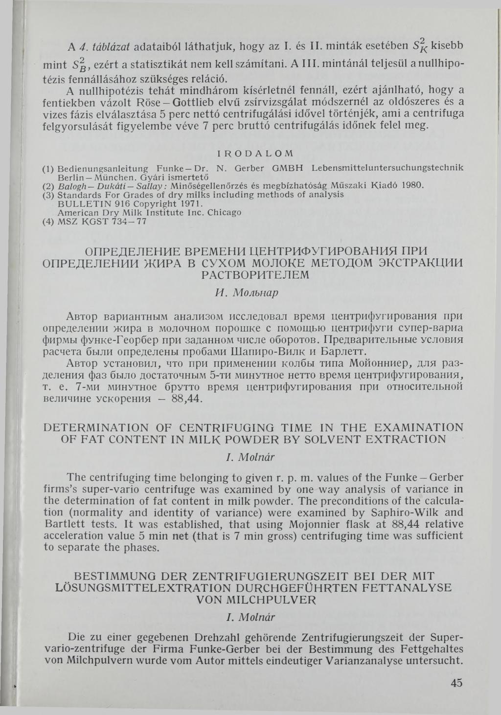 A 4. táblázat adataiból láthatjuk, hogy az I. és II. minták esetében S2K kisebb mint Sß, ezért a statisztikát nem kell számítani. Alii.