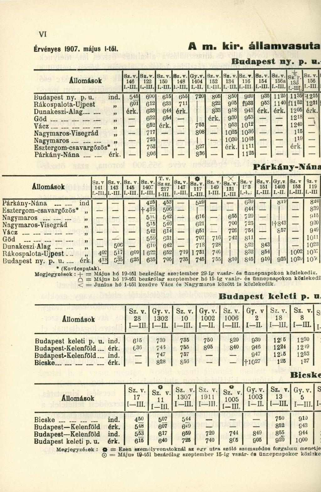 Érvényes 1907. május l-től. A 111. kii*, á l l a m v a s ú t a Budapest ny. p. u. Bz.v. Gy.v. 3z. v. Sz.T. + állomások 146 122 150 148 1404 152 134 116 154 156a Sz 1SÓ 156 r. i.-m. l.-iii. I.-II. l.-iii. I. III.