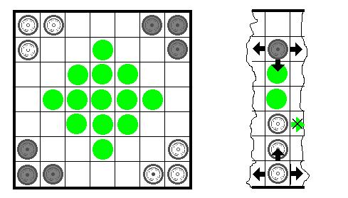 AKIBA ( 7x7-es Pikk-Pakk táblán golyókkal, vagy simán, korongok elpiszkálásával ) Az nyer, aki (az ábrán mutatott kezdőállásban középen álló 13 db) semleges golyóból 8-at letol a tábláról.