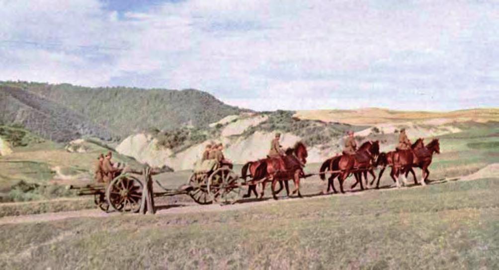 Hazai tükör 3. ábra. A magyar gyártású, 10,5 cm-es könnyűtarack fogatolt mozgatásához több mint másfél tonnás tömege miatt szintén hat ló kellet (S. Gy.