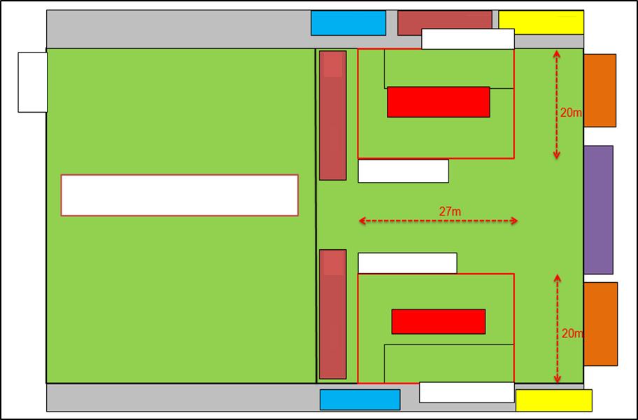 A munkatárs pozíciója Bejárat A munkatárs pozíciója Vizsgálati forma 1. Kék asztal A mérést végző személy asztala Edzői zóna 1.