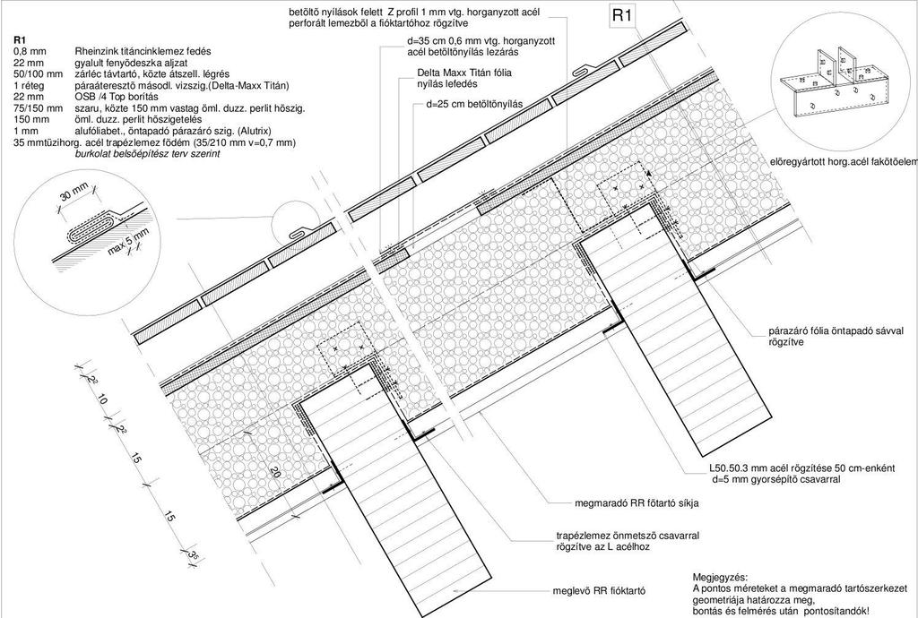 !! BITUMENES ZSINDELYFEDÉS BITUMENES ALÁTÉTFEDÉS TELJES FELÜLETŰ DESZKÁZAT 2,4 cm LÉGRÉTEG, PONTSZERŰ SZELLŐZŐKKEL 5 cm KŐZETGYAPOT HŐSZIGETELÉS 2x5 cm FAROSTLEMEZ 0,6 cm