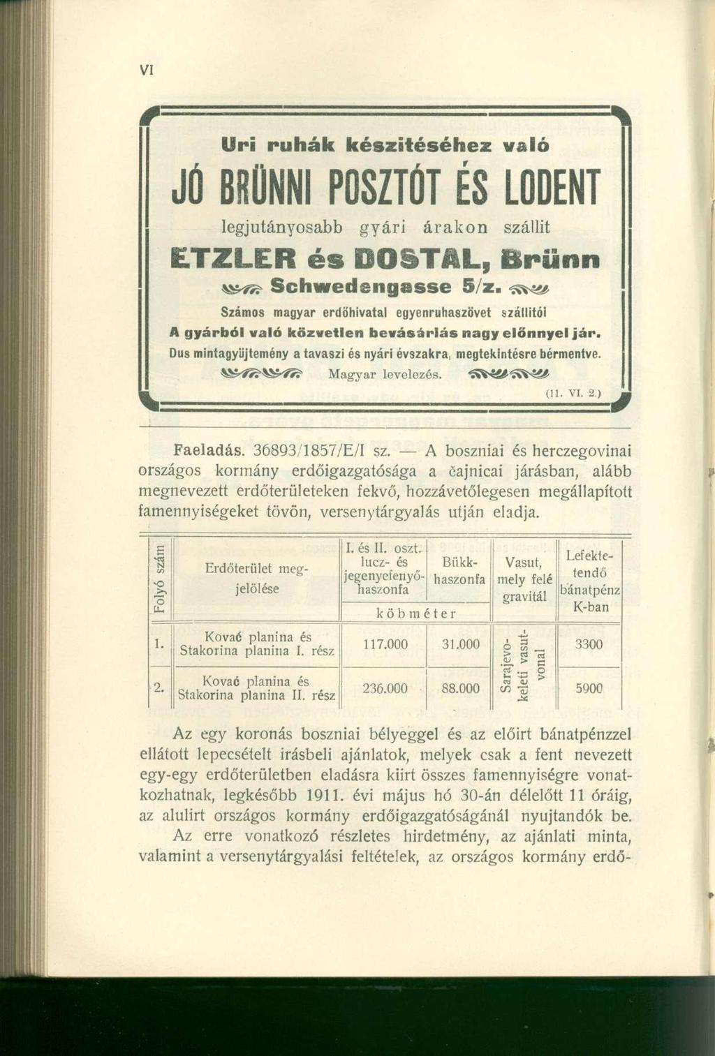 Uri ruhá k készítéséhe z val ó JÓ BRÜNN I POSZTO T É S LODEN T legjutányosabb gyár i árako n szállí t ETZLER és DOSTAL, Brün n f^r^ Schwedengass e 5/z.