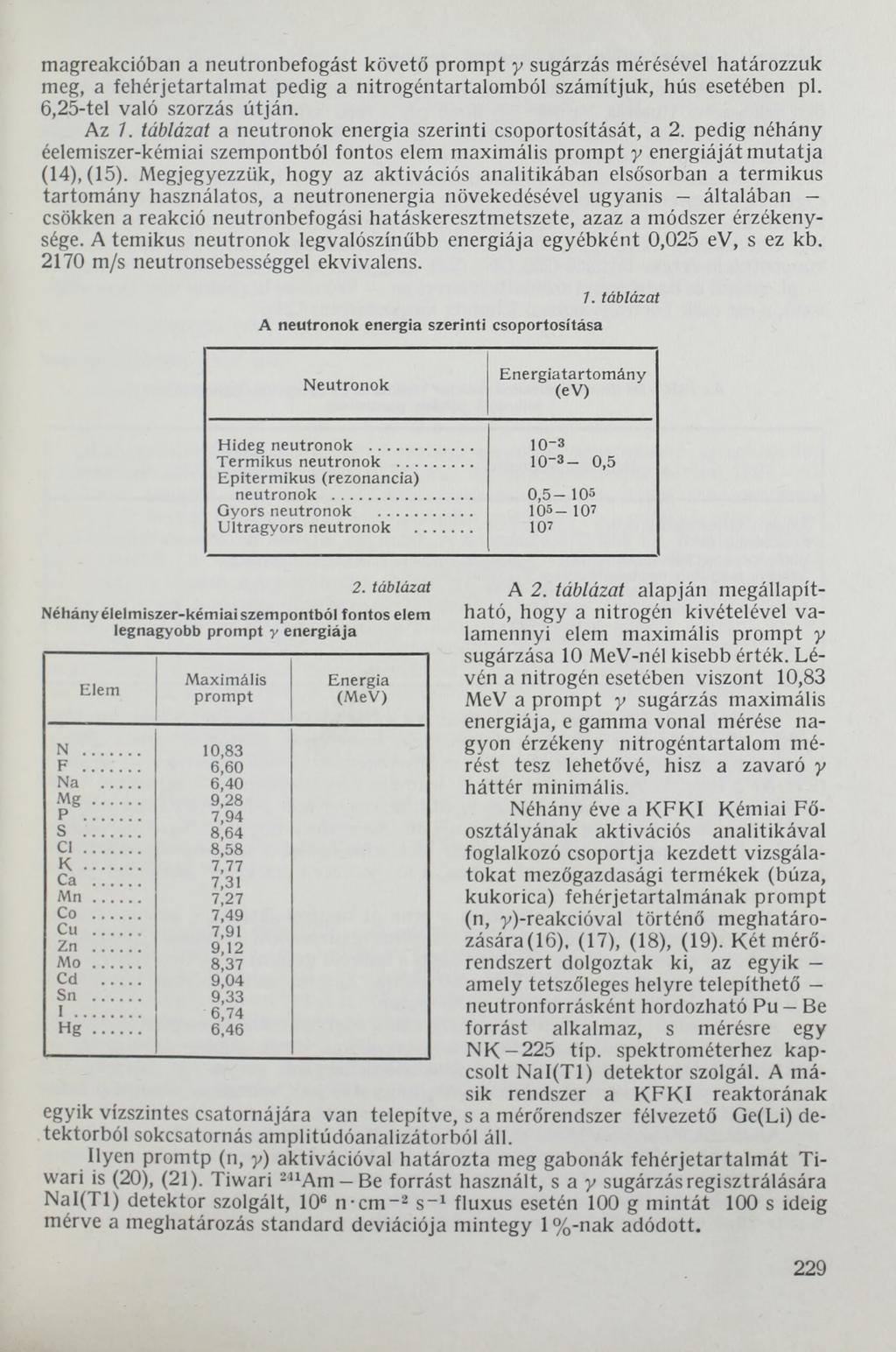 magreakcióban a neutronbefogást követő prompt у sugárzás mérésével határozzuk meg, a fehérjetartalmat pedig a nitrogéntartalomból számítjuk, hús esetében pl. 6,25-tel való szorzás útján. Az 1.