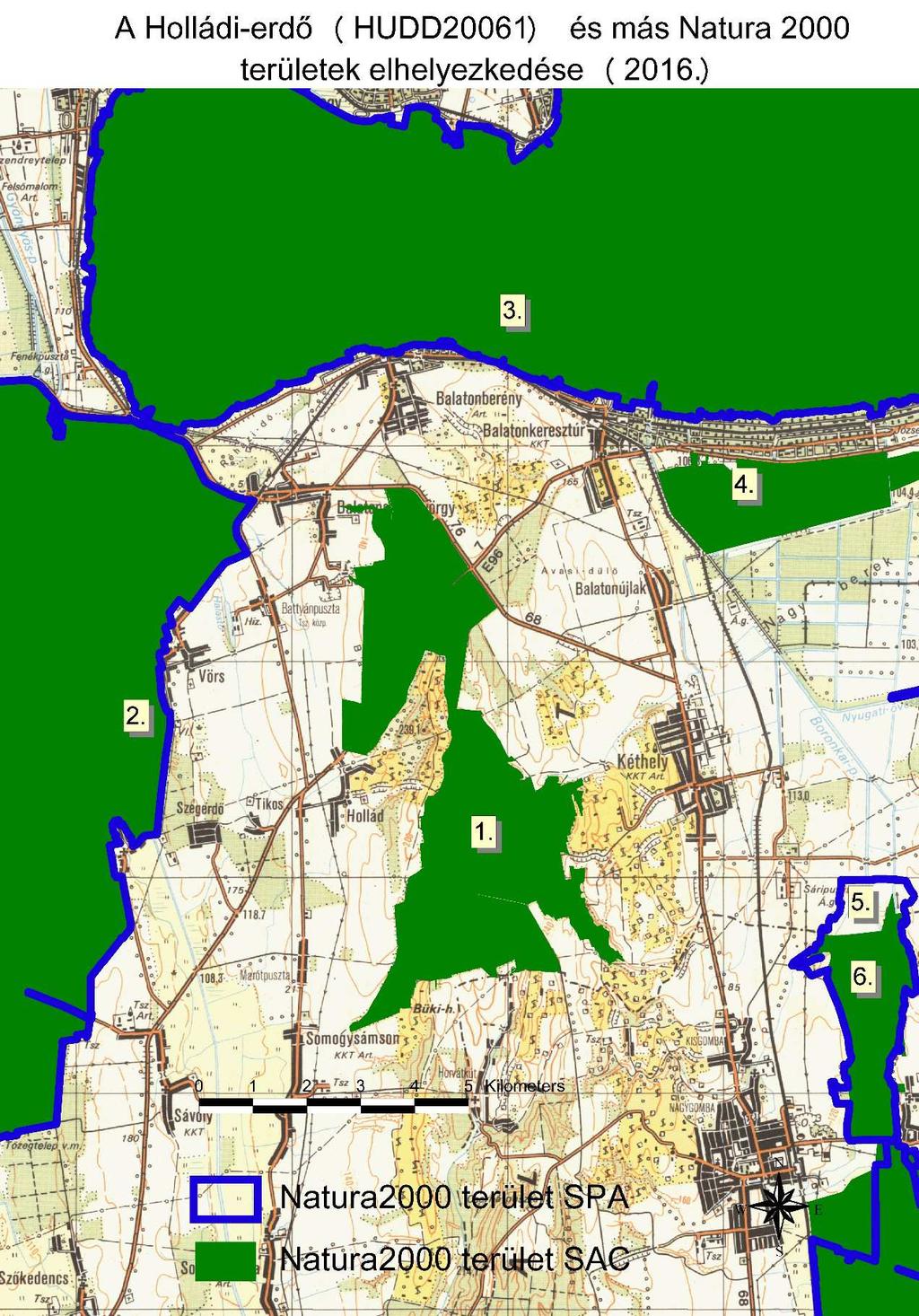 5. térkép: A tervezési terület és más Natura 2000 területek elhelyezkedése (2016.) (1. Holládi-erdő HUDD20061, 2.