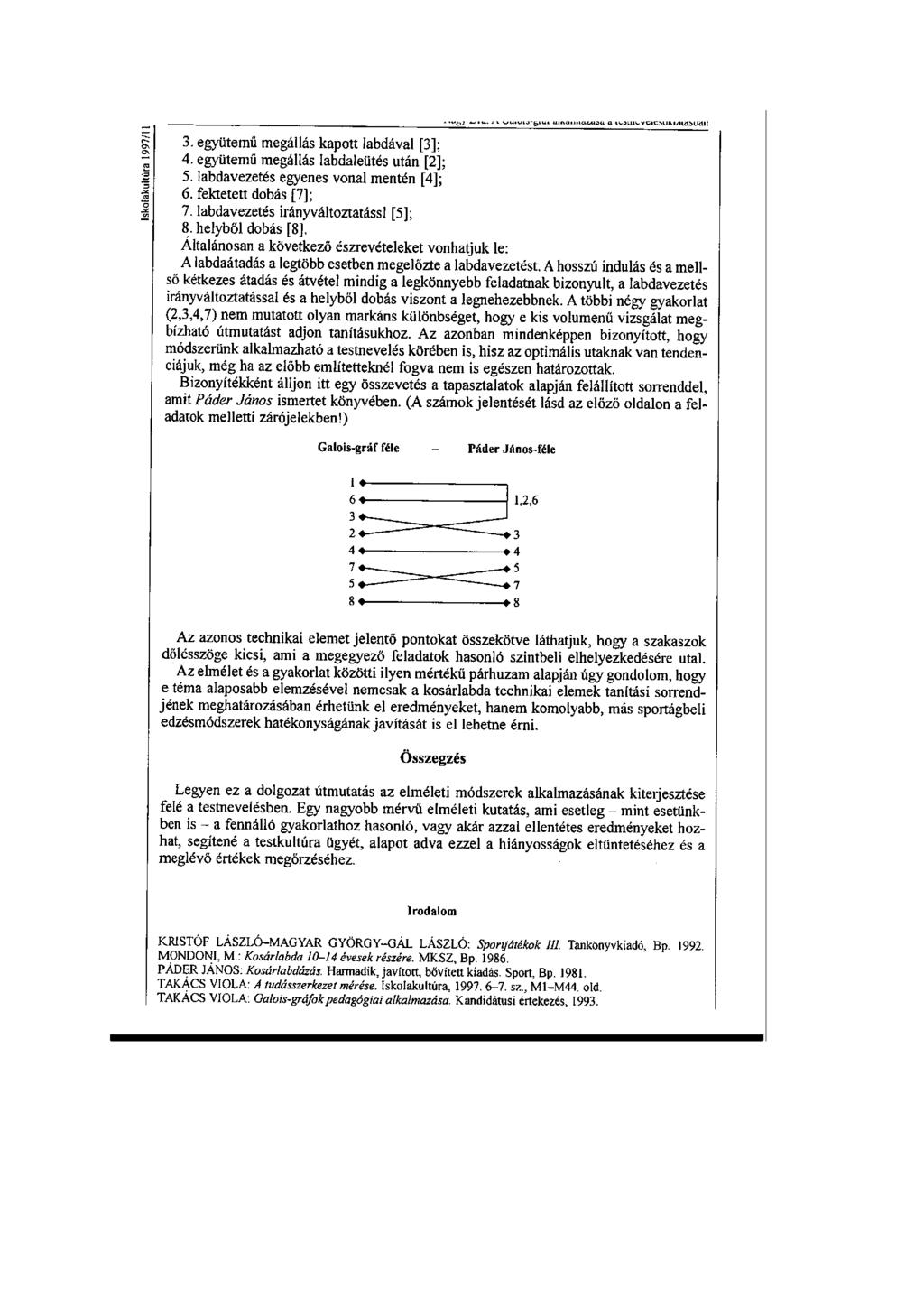 3. együtemű megállás kapott labdával [3]; 4. együtemű megállás labdaleütés után [2]; 5. labdavezetés egyenes vonal mentén [4]; 6. fektetett dobás [7]; 7. labdavezetés irányváltoztatássl [5]; 8.